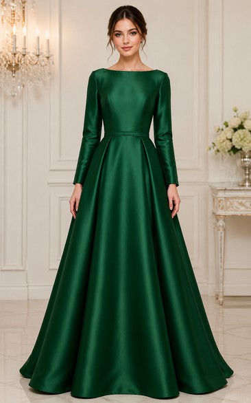 Ball Gown Bateau Long Sleeve Satin Prom Dress with Pleats