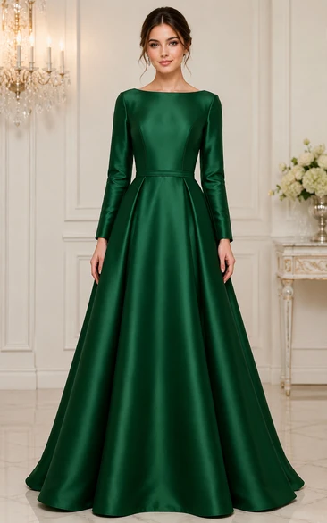 Ball Gown Bateau Long Sleeve Satin Prom Dress with Pleats