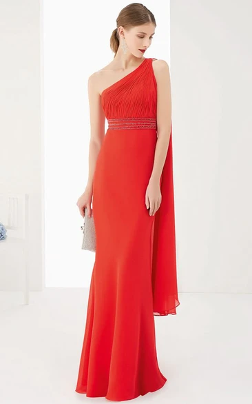 Single Strap Side Drape Sheath Chiffon Long Prom Dress With Empire Waist