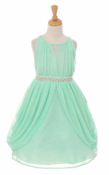 Tea-Length High Neck Pleated Tiered Chiffon Flower Girl Dress With Ribbon