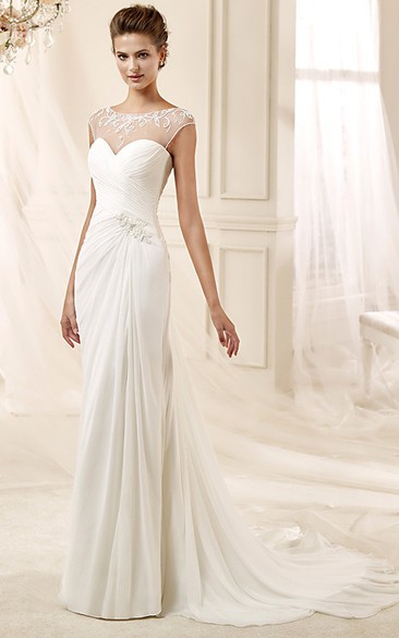 Cap Sleeve Draping Chiffon Wedding Dress Styles With Bandage Waist And Illusive Neckline