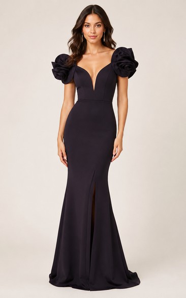 Black Deep V-Neck Rose Sleeve Mermaid Evening Gown