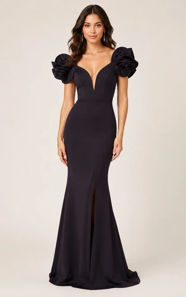 Black Deep V-Neck Rose Sleeve Mermaid Evening Gown