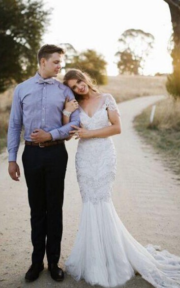 Mermaid Mini Sweetheart Bell Cap Pleats Beading Appliques Tiers Backless Lace Dress