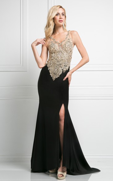 Sheath V-Neck Sleeveless Jersey Illusion Dress With Beading And Split Front