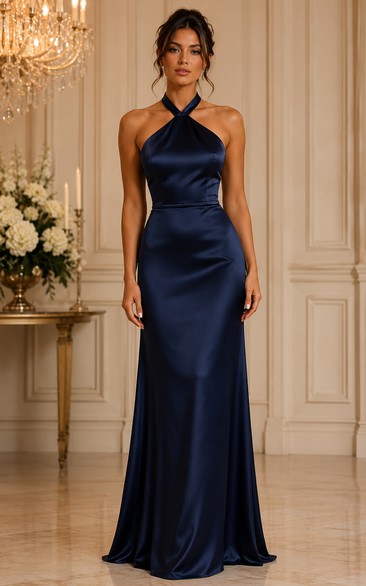Dark Navy Cross Halter Satin Sheath Dress