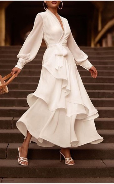 Layered Chiffon Wrap Wedding Dress with Balloon Sleeves
