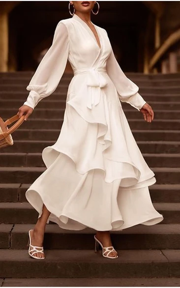 Layered Chiffon Wrap Wedding Dress with Balloon Sleeves