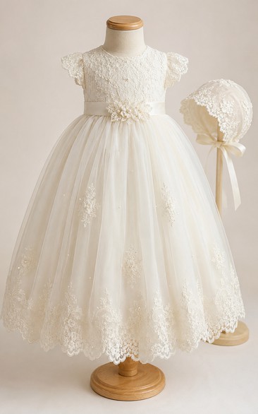 Baby Christening Gown Modest A-Line Puff Sleeve Tulle Lace Tea-Length with Bow Sash in Ivory