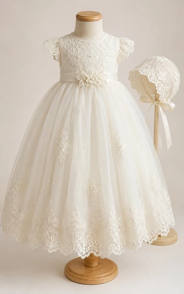 Baby Christening Gown Modest A-Line Puff Sleeve Tulle Lace Tea-Length with Bow Sash in Ivory