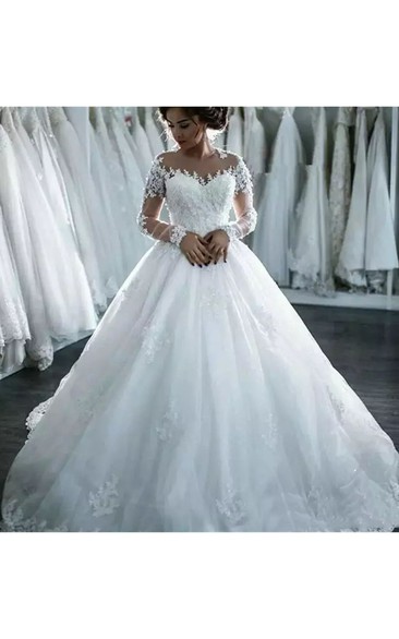 Jewel Sleeveless Court Train Lace Tulle A-Line Ball Gown Wedding Dress