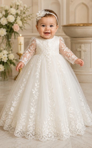 Baby Christening Gown Modest Princess Ball Gown Long Sleeve Illusion Tulle Lace Floor-Length with Bow Sash in Ivory