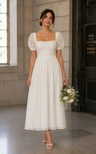 Vintage Summer A-Line Wedding Dress Short Sleeve Square Neck Lace Chiffon Tea-Length White