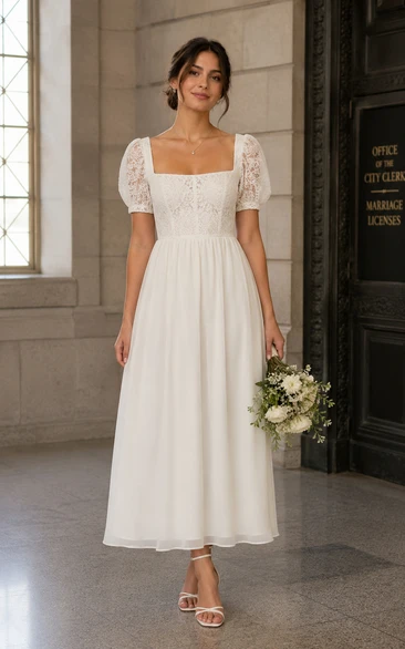 Vintage Summer A-Line Wedding Dress Short Sleeve Square Neck Lace Chiffon Tea-Length White