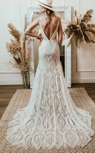 Simple Lace Beach Low-v Back Boho Sheath Wedding Dress | Dorris Wedding