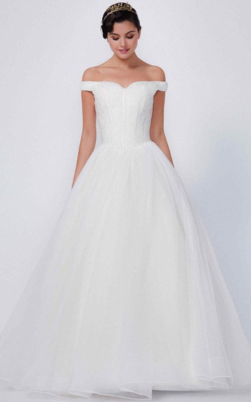 A-Line Floor-Length Off-The-Shoulder Tulle Wedding Dress With Corset Back