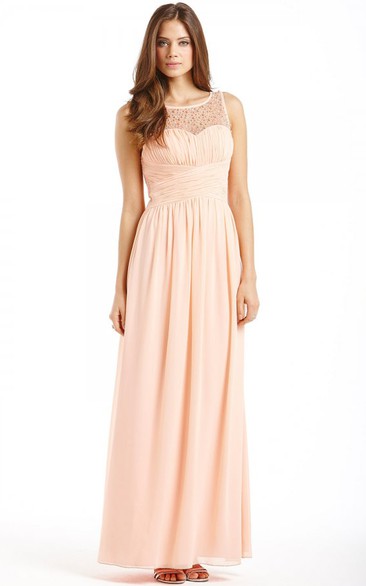 Ankle-Length Ruched Bateau Neck Sleeveless Chiffon Bridesmaid Dress