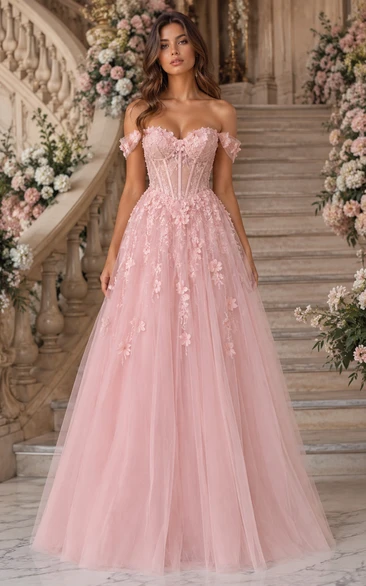 Tulle Prom Dress in Blushing Pink, Off-the-shoulder, Sweetheart A-Line Floor-Length Gown with Appliques