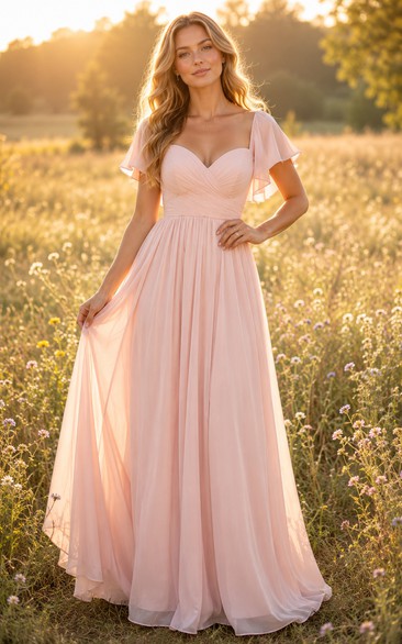Blushing Pink Short Sleeve Chiffon A-Line Bridesmaid Dress with Empire Waist