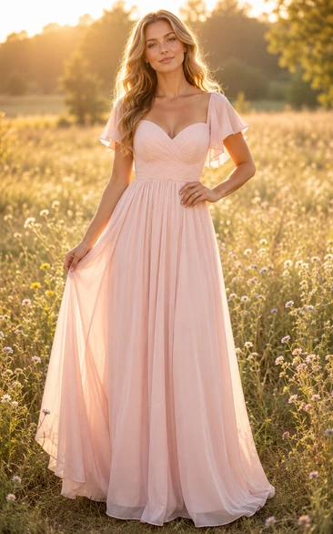 Blushing Pink Short Sleeve Chiffon A-Line Bridesmaid Dress with Empire Waist