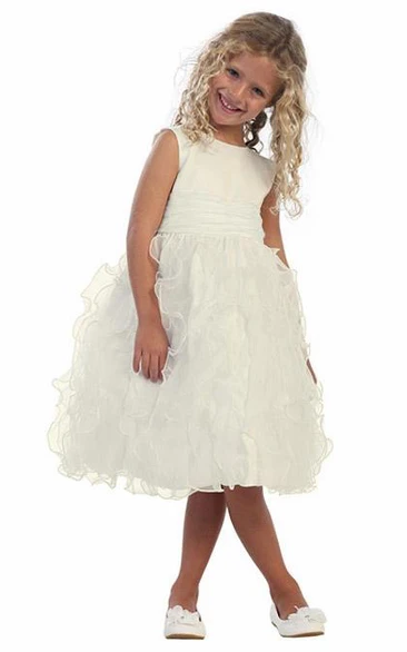 Tea-Length Sleeveless Ruched Organza&Satin Flower Girl Dress