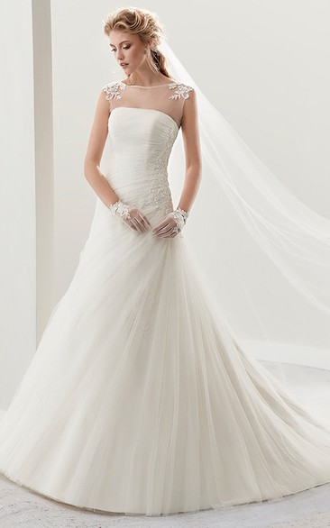 Cap Sleeve Pleated Bridal Gown With Side Draping And Illusion Neckline And Back