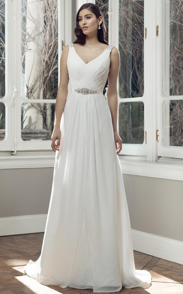 Floor-Length V-Neck Criss-Cross Pleated Chiffon Simple Wedding Dress