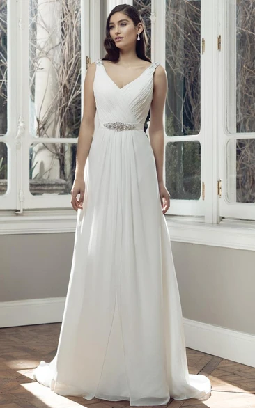 Floor-Length V-Neck Criss-Cross Pleated Chiffon Simple Wedding Dress