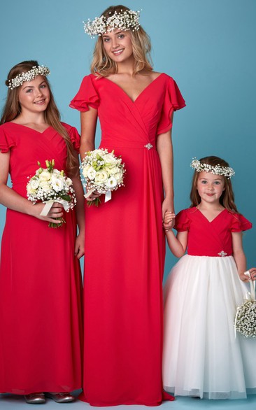 Maxi V-Neck Ruched Sleeveless Chiffon Bridesmaid Dress