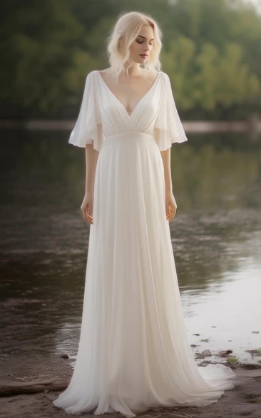 V-neck Poet Sleeve Chiffon Empire Sheath Pleated Wedding Dress