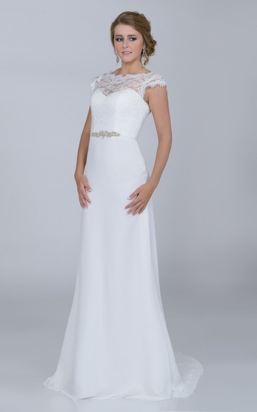 Low-V Back Cap Sleeve Lace Bodice Chiffon Wedding Dress With Beaded Waist