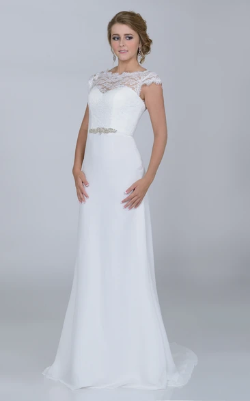Low-V Back Cap Sleeve Lace Bodice Chiffon Wedding Dress With Beaded Waist