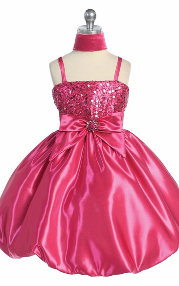 Spaghetti Knee-Length Cap-Sleeve Bowed Sequins&Satin Flower Girl Dress With Cape