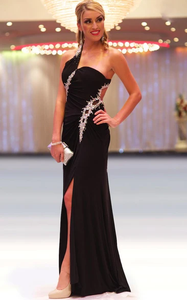 Sheath One-Shoulder Long Beaded Sleeveless Chiffon Prom Dress With Split Front