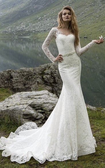 Long Sleeve Floor-length Low V Back Lace Sheath Dress With Crystal Detailing 