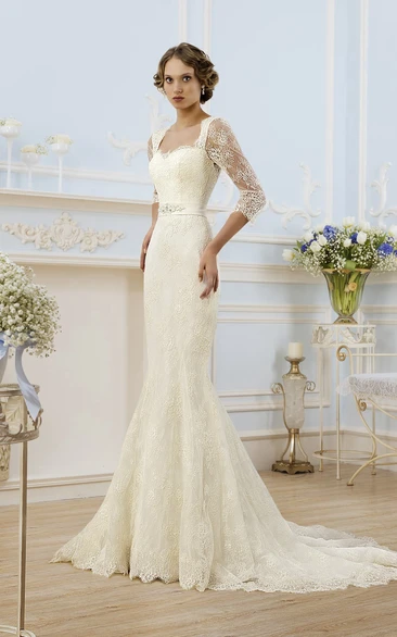 Sheath Long Square Illusion-Sleeve Keyhole Lace Bride Dress With Ribbon
