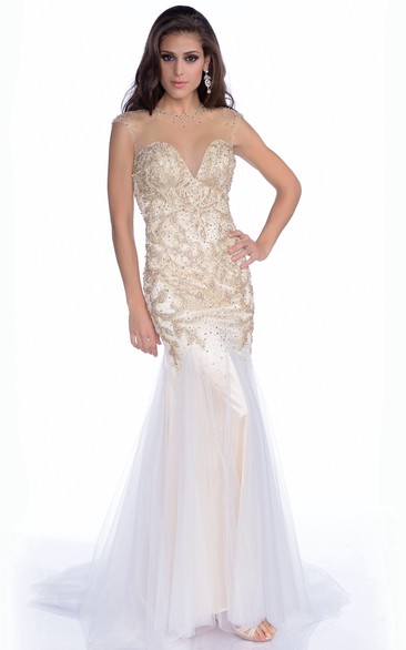 Form-Fitted Tulle Sweetheart Jeweled Gown With Keyhole Back