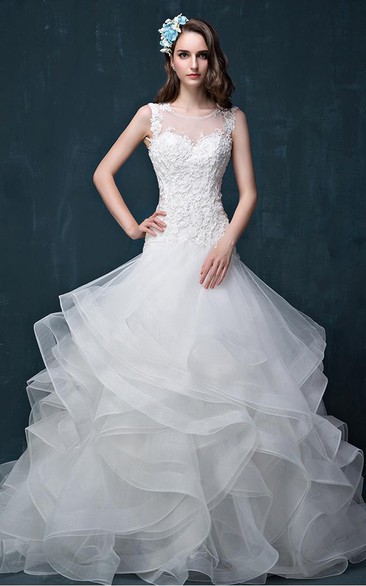 Illusion Beading Appliques Flower Ruffles Illusion Flower Illusion Lace-Up Back Keyhole Tulle Lace Organza Satin Dress