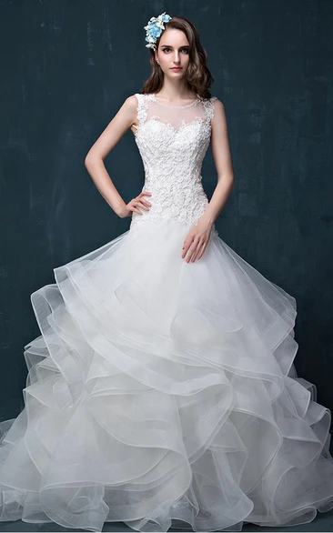 Illusion Beading Appliques Flower Ruffles Illusion Flower Illusion Lace-Up Back Keyhole Tulle Lace Organza Satin Dress