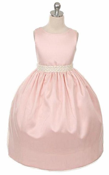 Tea-Length Sleeveless Tiered Satin Flower Girl Dress