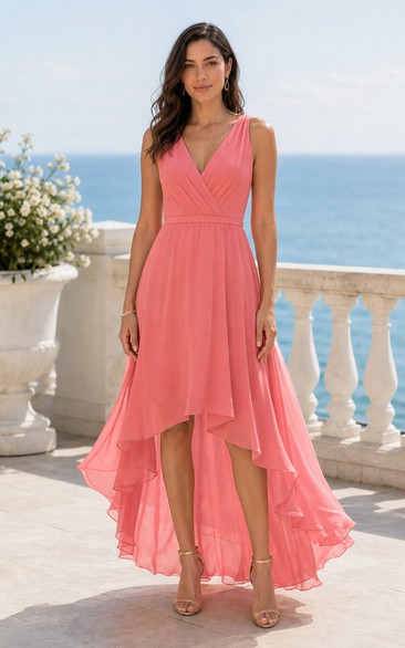 Coral V-neck High-low Chiffon A-Line Dress