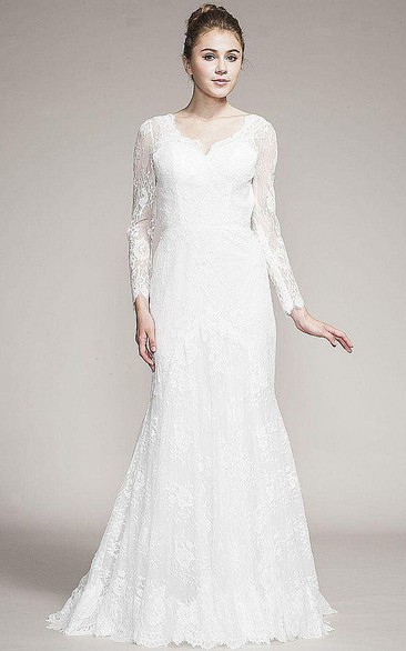 V-Neck Floor-Length Long-Sleeve Lace Wedding Dress With Brush Train And Keyhole