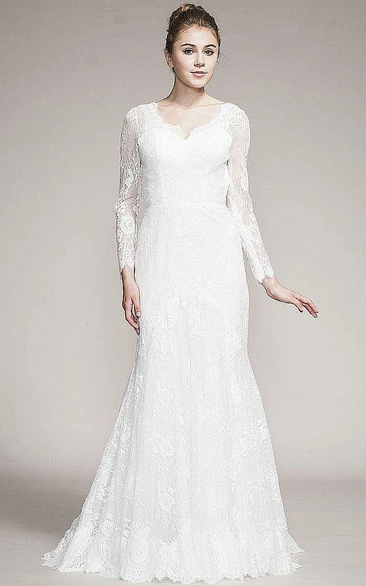 V-Neck Floor-Length Long-Sleeve Lace Wedding Dress With Brush Train And Keyhole