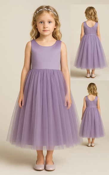 Purple Scoop-neck Sleeveless Satin A-line Tulle Flowergirl Dress