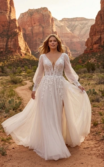 Plus Size Boho Wedding Dress with Long Bishop Sleeves, Deep V Neck Lace Tulle A-Line Bridal Gown with Split and Train