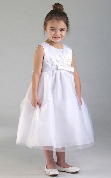 Tea-Length Tiered Bowed Tulle&Sequins Flower Girl Dress With Appliques