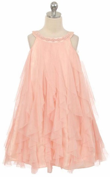 Floral Tea-Length Beaded Floral Satin Flower Girl Dress With Ruffles