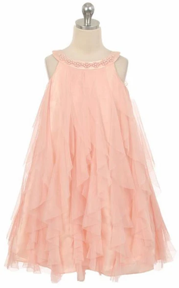Floral Tea-Length Beaded Floral Satin Flower Girl Dress With Ruffles