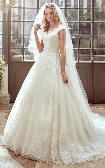 Strap-Neck A-Line Wedding Dress with V Neckline and Brush Train 