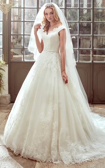 Strap-Neck A-Line Wedding Dress with V Neckline and Brush Train 